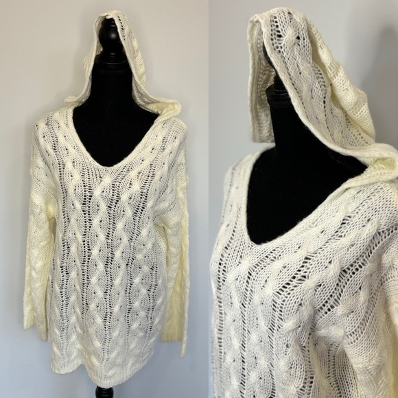 Cream Knit Hooded Long Sleeve Sweater (Medium) - Picture 1 of 8